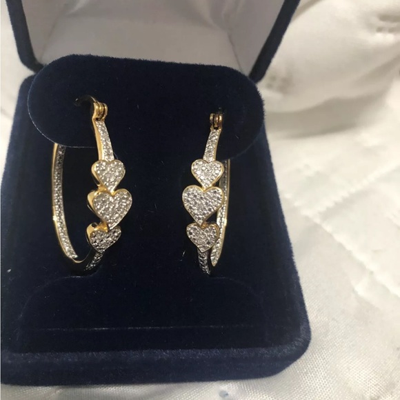 Danbury Mint Three Heart Earrings Gold And Diamond Gift Idea - Picture 3 of 4